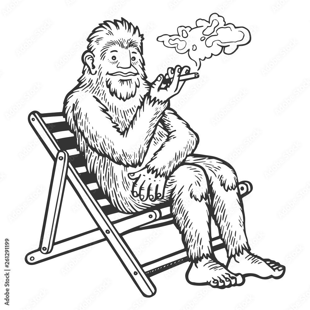Snowman yeti animal smoking in beach chair sketch engraving vector  illustration. Scratch board style imitation. Black and white hand drawn  image. Stock Vector | Adobe Stock