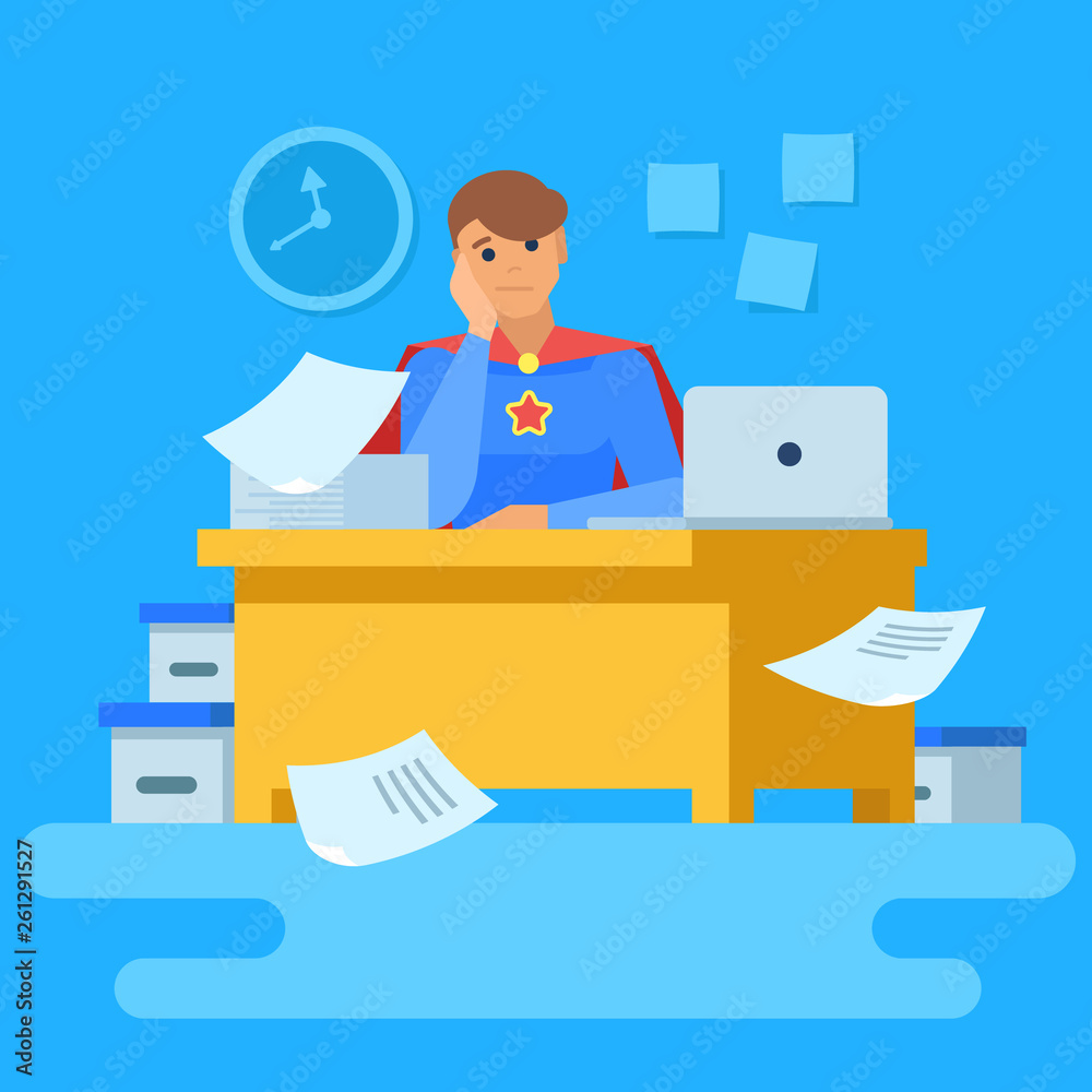 Superhero is doing office work. He is swamped with reports. He is engaged in routine at the office. The man is bored at work