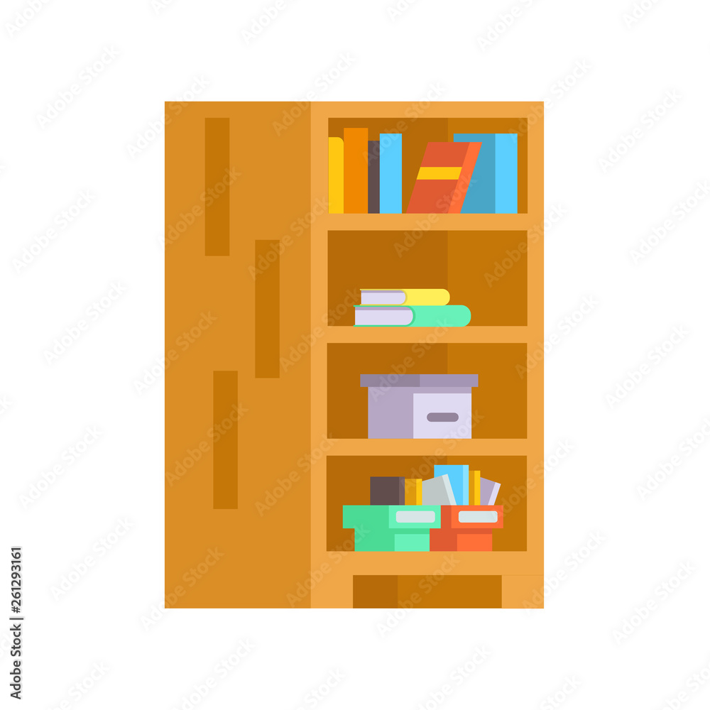 Wooden bookcase with different items on the shelves. Carton boxes and books. Vector illustration isolated on the white background. Wooden bookcase with different items on the shelves. Carton boxes and books. Vector illustration isolated on the white background.