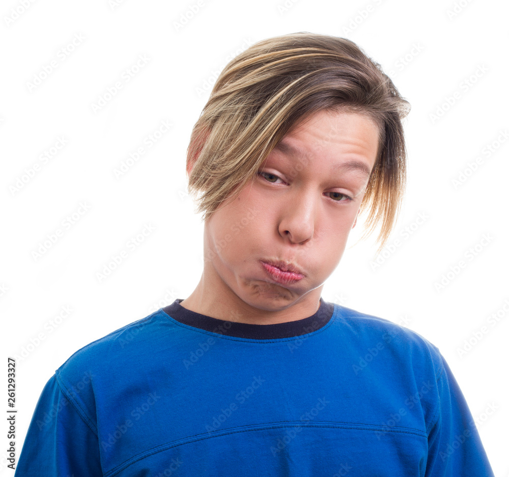 teenager making faces on white background close-up teenager making faces on white background close-up