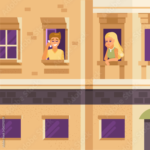 Two neighbors are in the house windows. The man is talking on the phone. She looks at him languidly. Unrequited love. A secret admirer. Unrequited love