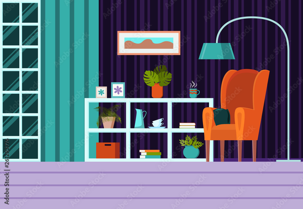 Living room with furniture, window, curtains. Modern flat cartoon style vector illustration. Interior background with armchair, shelving, lamp. On the shelving are photo frames, plants, books, dishes Living room with furniture, window, curtains. Modern flat cartoon style vector illustration. Interior background with armchair, shelving, lamp. On the shelving are photo frames, plants, books, dishes