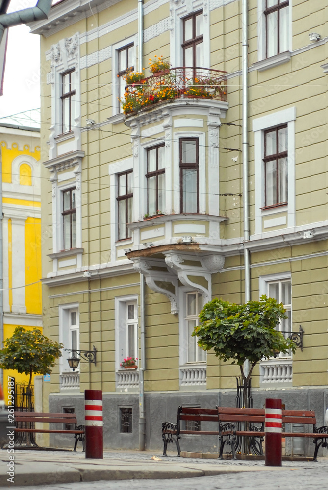Chernivtsi, Ukraine. Europe.  Element of architecture. Building with balconies and windows.