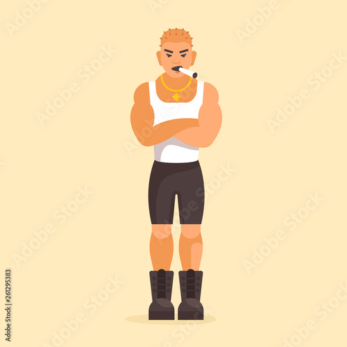 Vector illustration of brutal man. Full-length person image. He smokes a cigar. His arms are crossed on his chest.
