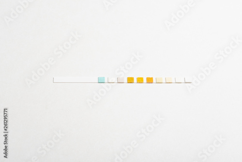 Fotografia A single unused urine reagent strip for medical testing set on a plain white background
