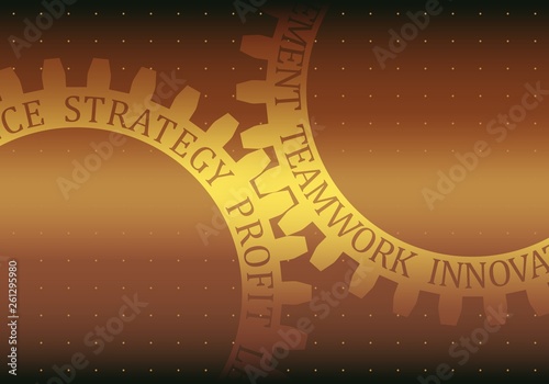 Business relative words on the mechanism of gears. Communication concept in industrial design.