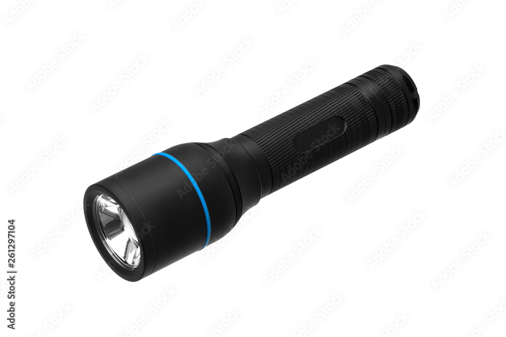 modern black metal flashlight isolated on white modern black metal flashlight isolated on white