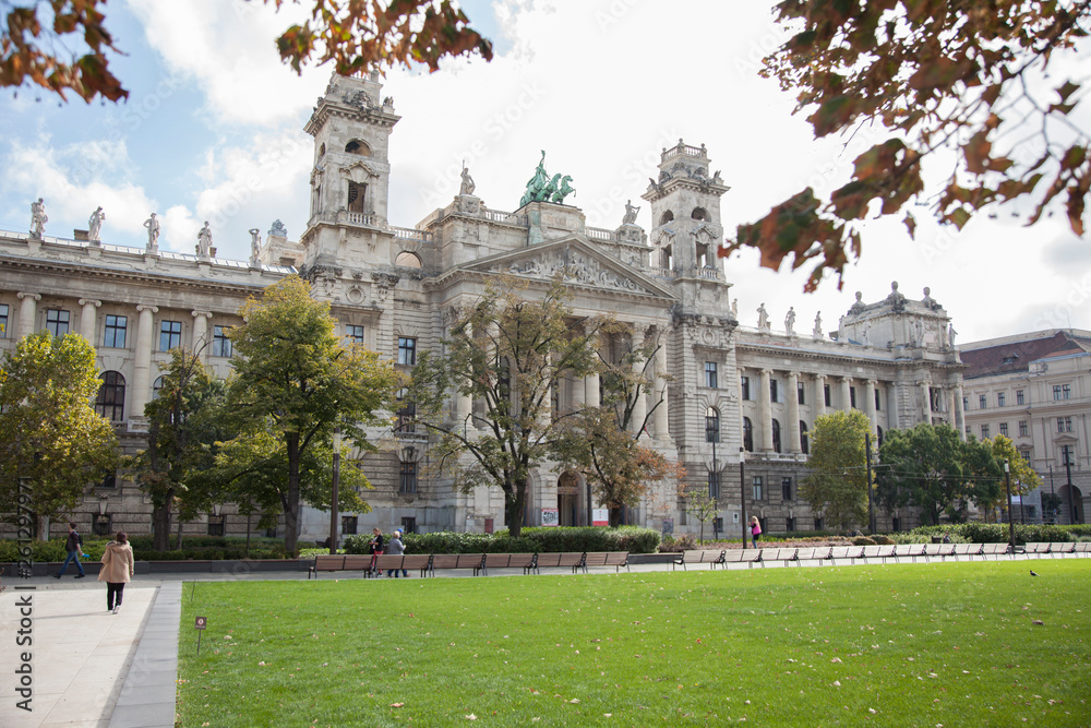 BUDAPEST, HUNGARY - SEPTEMBER 22, 2017: The Ethnography Museum building opposite the Hungarian Parliament, Budapest, Hungary.