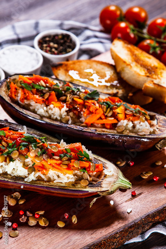 Stuffed aubergine with rice and vegetables