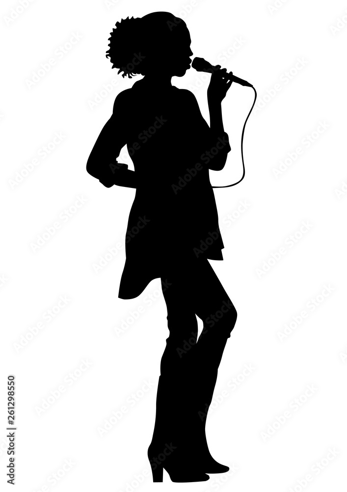 Singer with microphones on stage on white background
