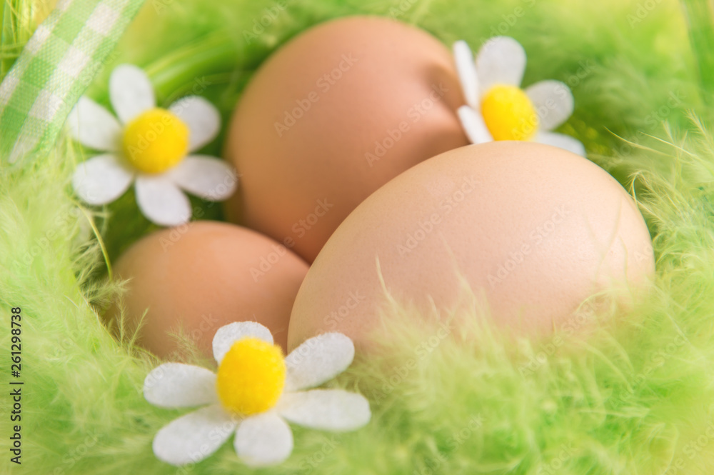 Close up. Easter card. Rustic eggs in a green basket decorated with bird`s fluff. Felt flowers. Close up. Easter card. Rustic eggs in a green basket decorated with bird`s fluff. Felt flowers.