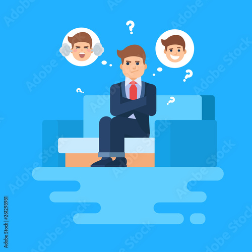 The man sits on the couch and does not know whether to be happy or angry. He thinks about how to react on this situation.