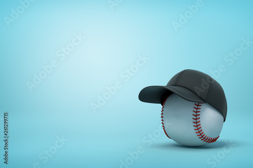 Canvas Print 3d rendering of baseball wearing black baseball cap on the right of image with copy space on the rest of light blue background
