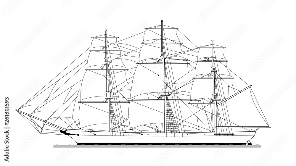 Technical illustration of an old frigate. Ship sketch, vector, black and white.