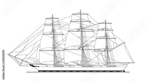 Technical illustration of an old frigate. Ship sketch, vector, black and white.