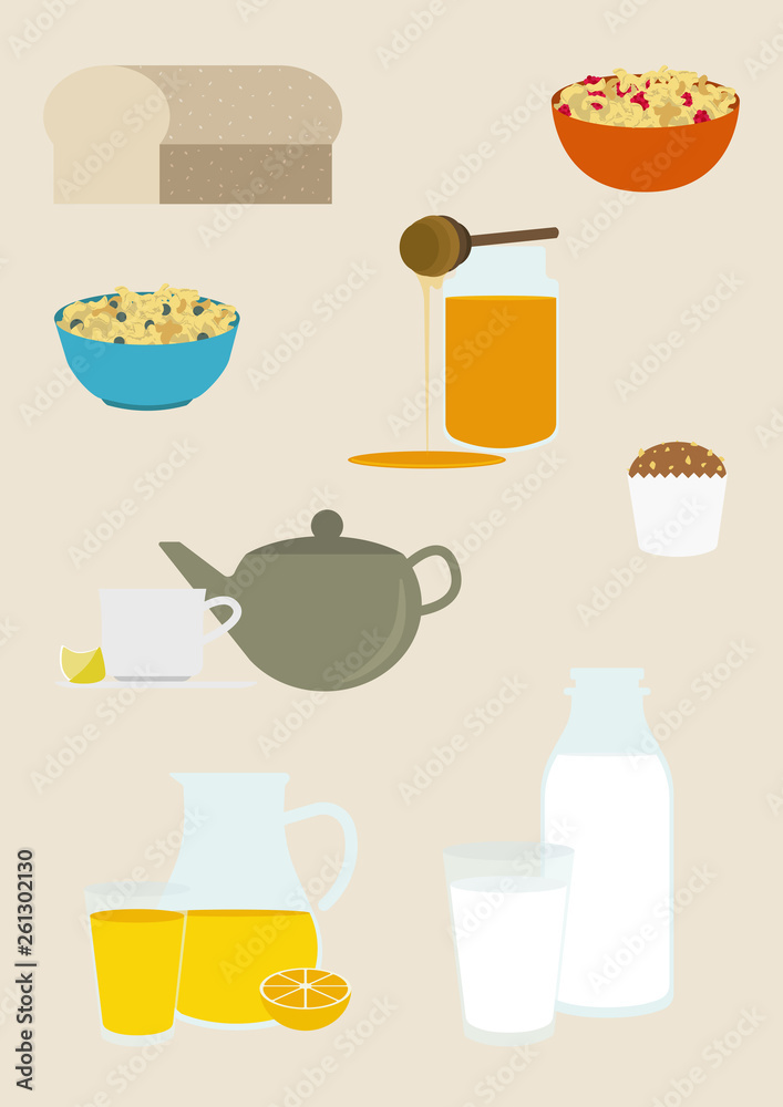Breakfast set food and drinks. The collection includes bread, cereals, honey, tea, muffins, milk and orange juice. Flat style vector illustration. Breakfast set food and drinks. The collection includes bread, cereals, honey, tea, muffins, milk and orange juice. Flat style vector illustration.