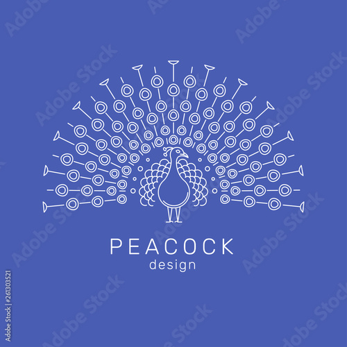 Outline peacock emblem in modern line art style. Vector illustration of bird. Peacock with a huge tail, front view