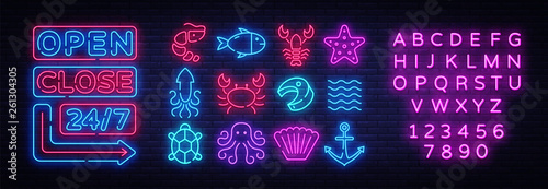 Seafood icons set. Seafood collection neon signs. Open Close Bright signboards, light banner. Neon isolated icon, emblem, design tremplate. Vector Illustration