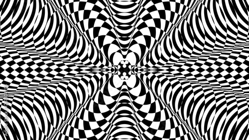 Black and white glitch background. Hypnotic trance texture. Op art monochrome kaleidoscope. Psychedelic illusive abstraction.