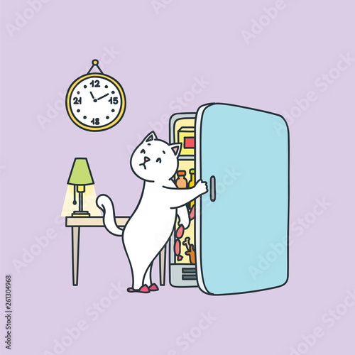 Diet concept. Illustration of funny unhappy cat in front of the fridge late at night. Vector 8 EPS.