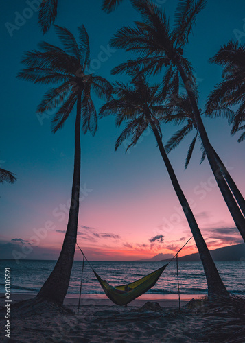 Hammock between two palms epic sunset watching. Hawaii, Oahu, Maui, Kauai. Paradise, Peaceful
