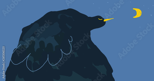 Mystical fairytale blue night bird, dream story illustration