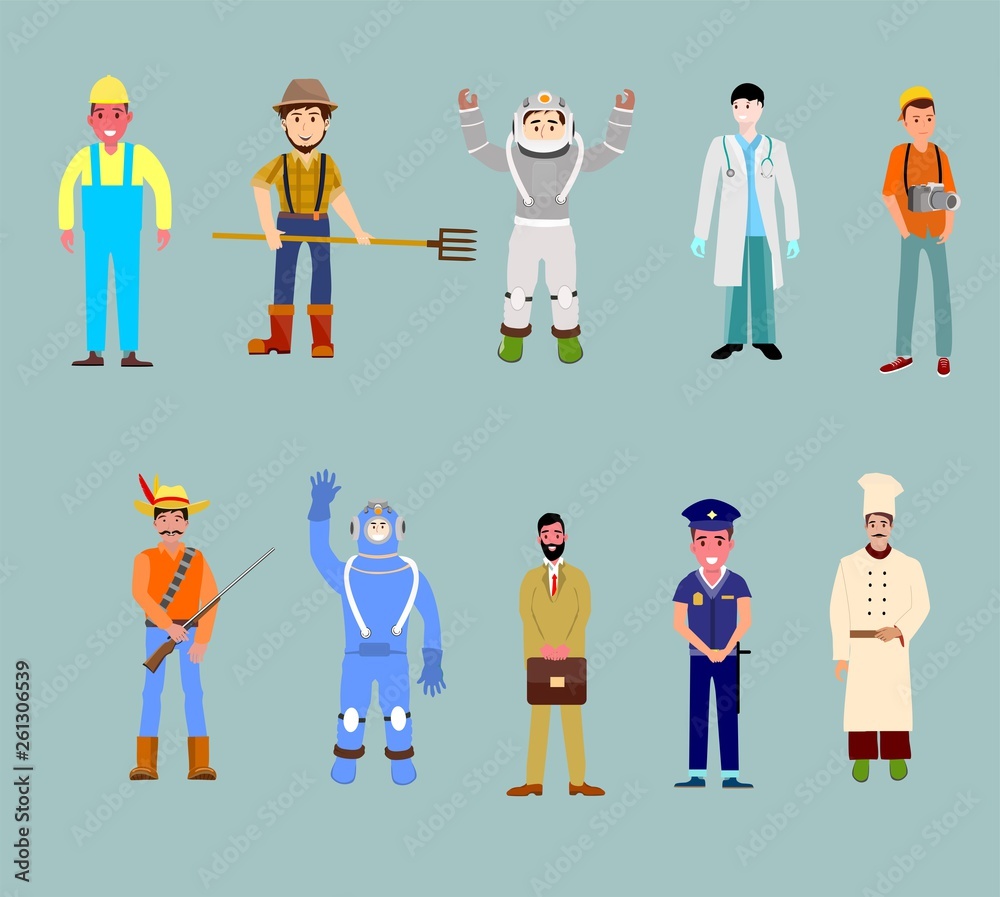 Set of people of different occupations with professional uniform - construction worker, farmer, doctor, cook, policeman, astronaut. Flat design vector Set of people of different occupations with professional uniform - construction worker, farmer, doctor, cook, policeman, astronaut. Flat design vector