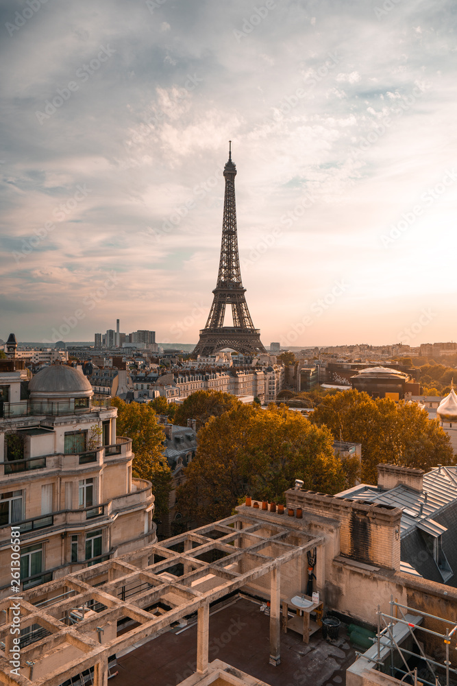 Paris, France, Sunset rooftop Eiffel tower. 
