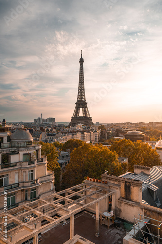 Paris, France, Sunset rooftop Eiffel tower. 