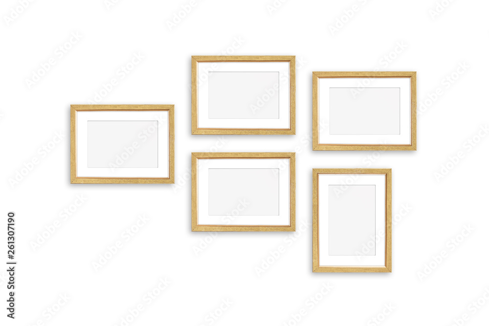 Frames collage, five realistic golden frameworks isolated on white background, interior decor mock up Frames collage, five realistic golden frameworks isolated on white background, interior decor mock up