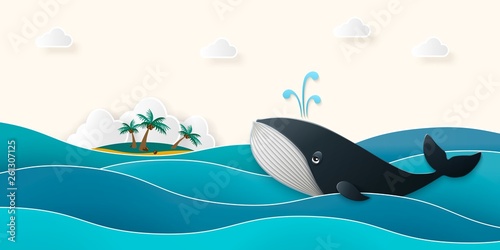 Blue whale swims on the sea past a tropical island with palm trees. Marine animal, waves in paper cut style. Vector illustration