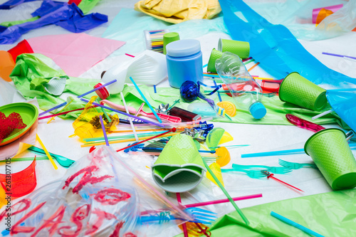 Close up of varied plastic items lying on the floor