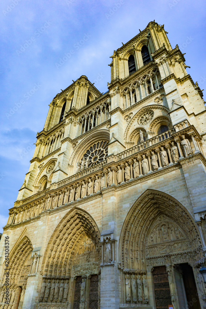 Low angle view of the Paris cathedral of Notre-Dame