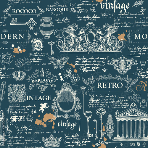 Vector seamless pattern, hand drawn background on the theme of vintage art objects, furniture and Antiques in retro style. Wallpaper, wrapping paper, textile, fabric or background for clothes
