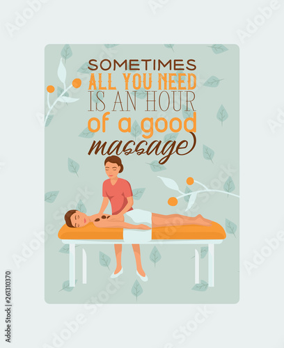 Medical massage people poster cards vector illustration. Osteopaths performing treatment manipulations or massaging their patients. Sometimes all you need is an hour of a good massage.