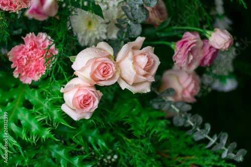 soft focus of Beautiful rose bouquet with green leaves