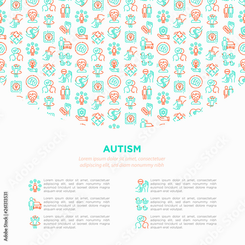 Autism concept, symptoms and adaptive skills thin line icons: repetitive behavior, stereotypy, ignoring of danger, autoaggression, hysterics, communication, social interaction. Vector illustration.