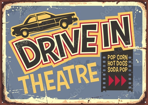Drive in theater vintage sign design. Open air cinema retro poster with funky typography and car graphic. Vector movie and film illustration.
