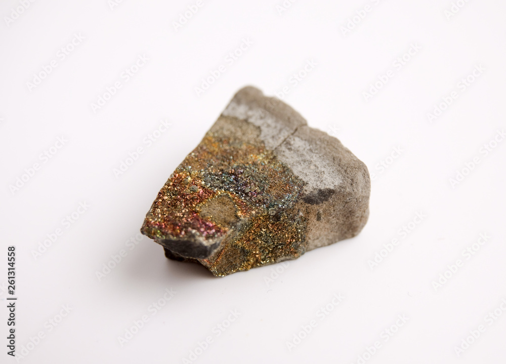 Macro mineral stone Pyrite rainbow on a white background close-up Macro mineral stone Pyrite rainbow on a white background close-up