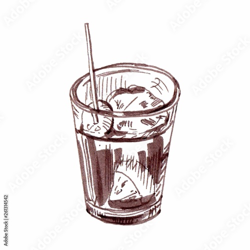 Vermouth, traditional Spanish appetizer. Hand drawn vector illustration. Sketch drawing, ink brushpen. Single glass isolated on white background
