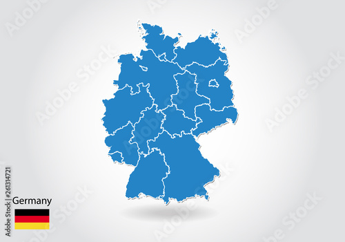 germany map design with 3D style. Blue germany map and National flag. Simple vector map with contour, shape, outline, on white.