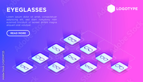 Eyeglasses concept with thin line isometric icons: sunglasses, sport glasses, rectangular, aviator, wayfarer, round, square, cat eye, oval. Vector illustration, web page template for optic shop. photo