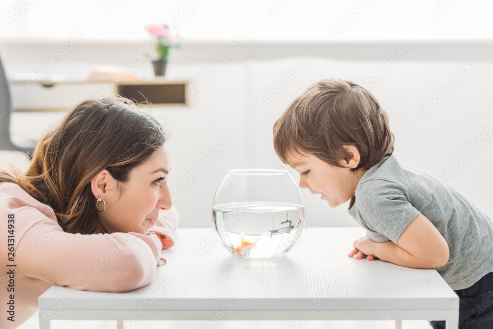 cheerful mother and adorable son looking at fish bowl at home cheerful mother and adorable son looking at fish bowl at home