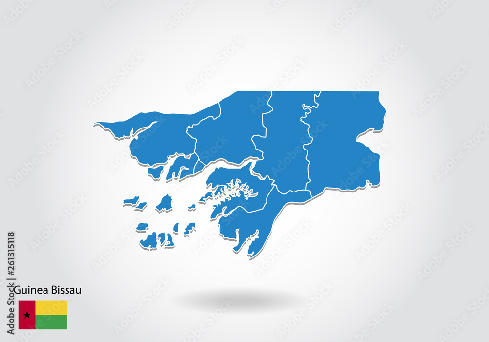 Guinea Bissau map design with 3D style. Blue Guinea Bissau map and National flag. Simple vector map with contour, shape, outline, on white.