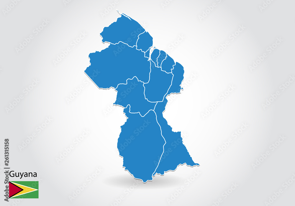 guyana map design with 3D style. Blue guyana map and National flag. Simple vector map with contour, shape, outline, on white.