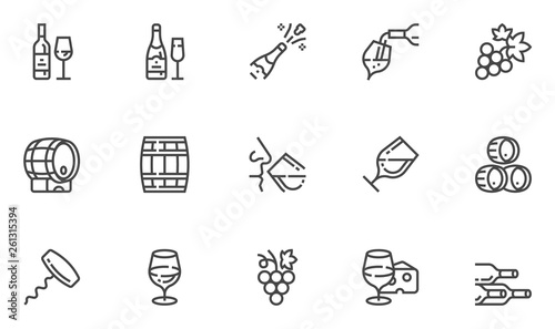 Wine Vector Line Icons Set. Winery, Wine Production, Degustation, Bunch of Grapes, Glass of Wine. Editable Stroke. 48x48 Pixel Perfect.