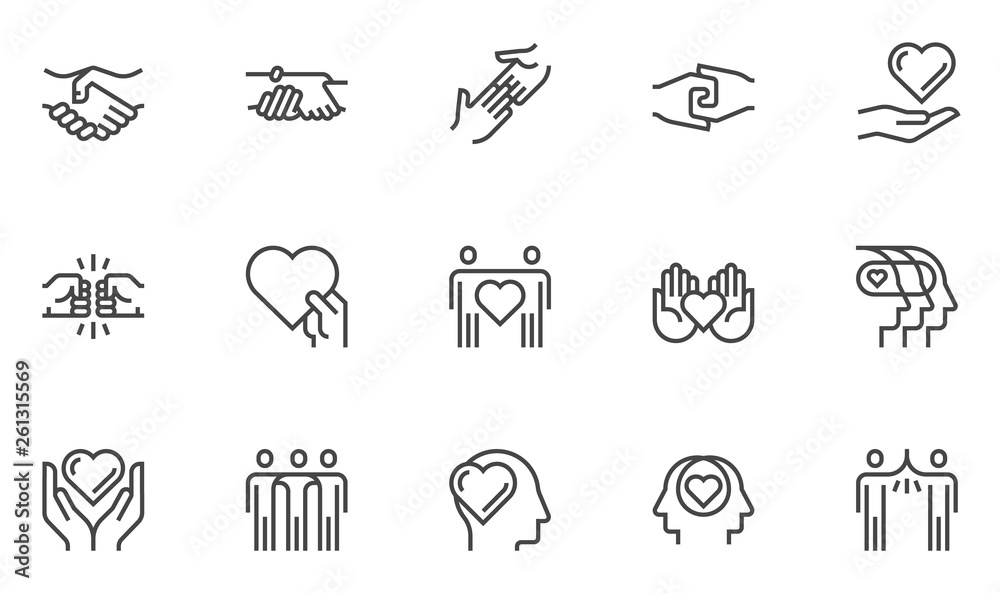 Friendship and Love Vector Line Icons Set. Relationship, Mutual Understanding, Mutual Assistance, Interaction. Editable Stroke. 48x48 Pixel Perfect. - obrazy, fototapety, plakaty 