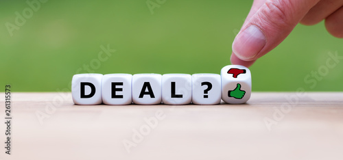 Thumbs up for having a good deal. Hand turns a dice and changes the thumbs down symbol to a thumbs up symbol.