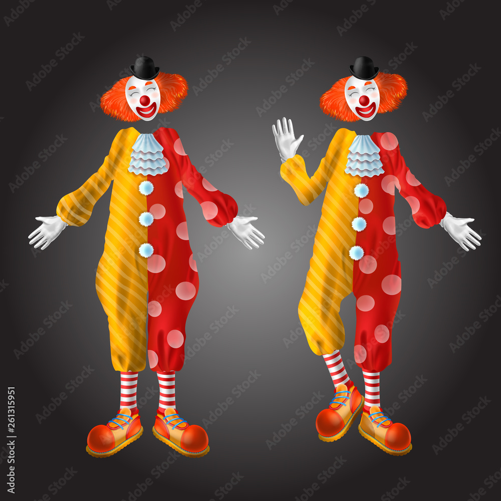 Funny clown character set isolated on black background. Comedian wearing ginger periwig, bowler hat, nose, colorful costume stand in different positions. Realistic 3d vector Stock-vektor | Adobe Stock
