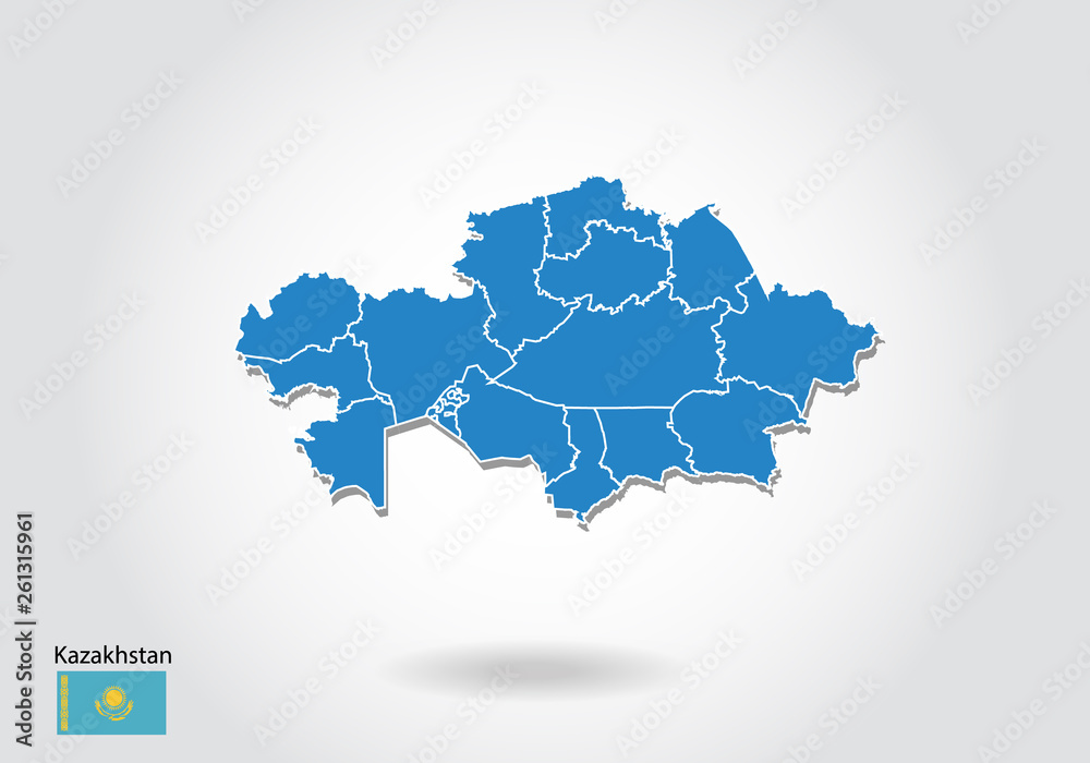 Obraz premium Kazakhstan map design with 3D style. Blue Kazakhstan map and National flag. Simple vector map with contour, shape, outline, on white.